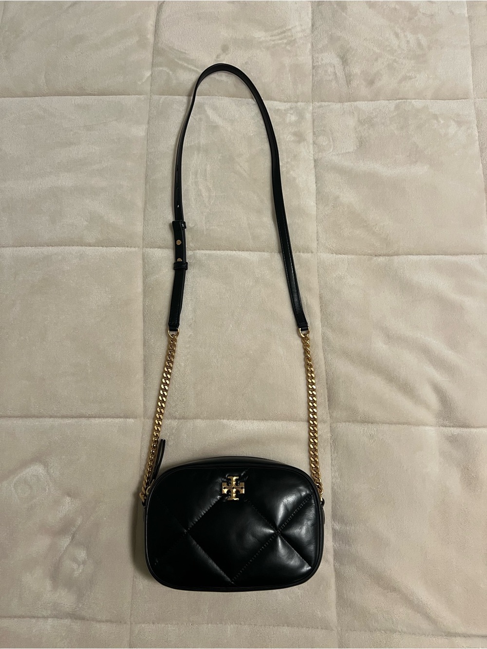 Tory Burch Black Quilted Leather Camera Crossbody with Gold Chain